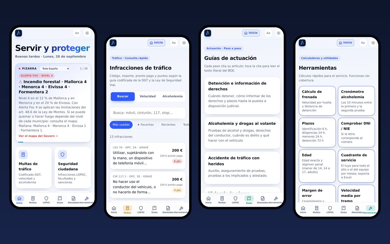 Pantallas de la app policial en el móvil: portada, multas de tráfico, guías de actuación y herramientas